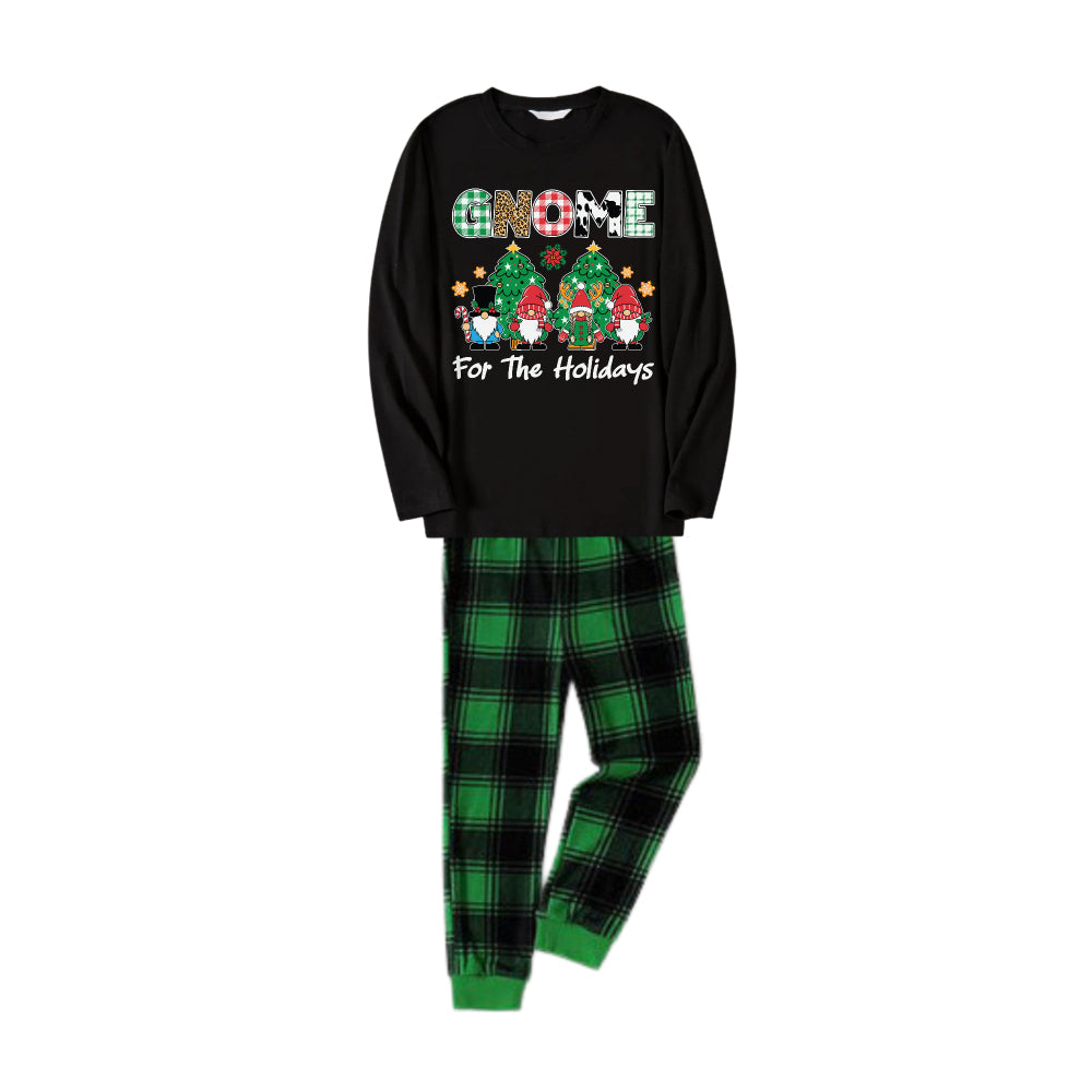 Chic und Stil | Christmas Family Matching Pajamas - Black Top and Green Checkered Pants Pajama Set with "Gnome For The Holidays" Print