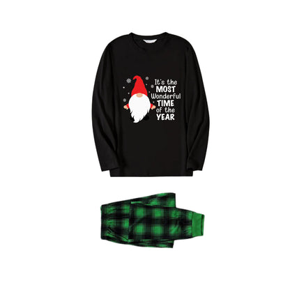 Chic und Stil | Christmas family pajamas matching - Black top and green checkered pants PJ set with cute gnome and Christmas slogan print