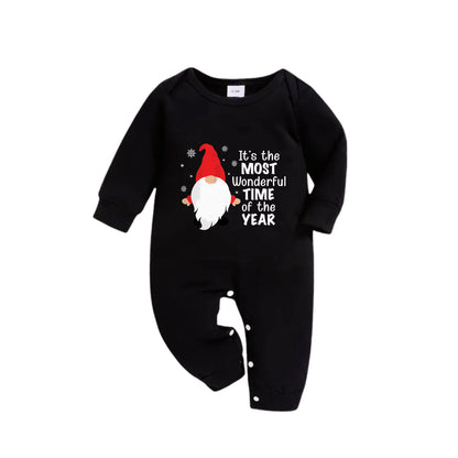 Chic und Stil | Christmas family pajamas matching - Black top and green checkered pants PJ set with cute gnome and Christmas slogan print
