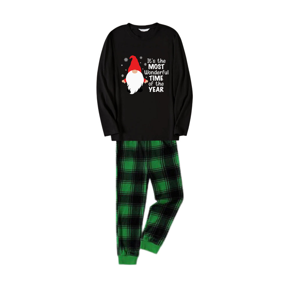 Chic und Stil | Christmas family pajamas matching - Black top and green checkered pants PJ set with cute gnome and Christmas slogan print