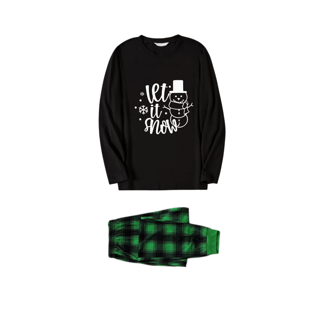 Chic und Stil | Christmas Family Pajamas - Black Top and Green Checkered Pants PJ Set with Snowman and Christmas Slogan Print