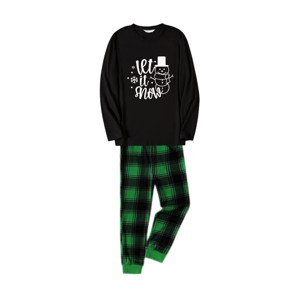 Chic und Stil | Christmas Family Pajamas - Black Top and Green Checkered Pants PJ Set with Snowman and Christmas Slogan Print