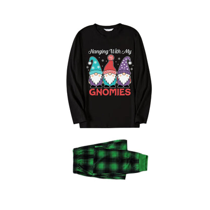 Chic und Stil | Christmas Family matching Pyjamas - Black top and green checkered pants Pjs set with Gnome family and Christmas slogan print