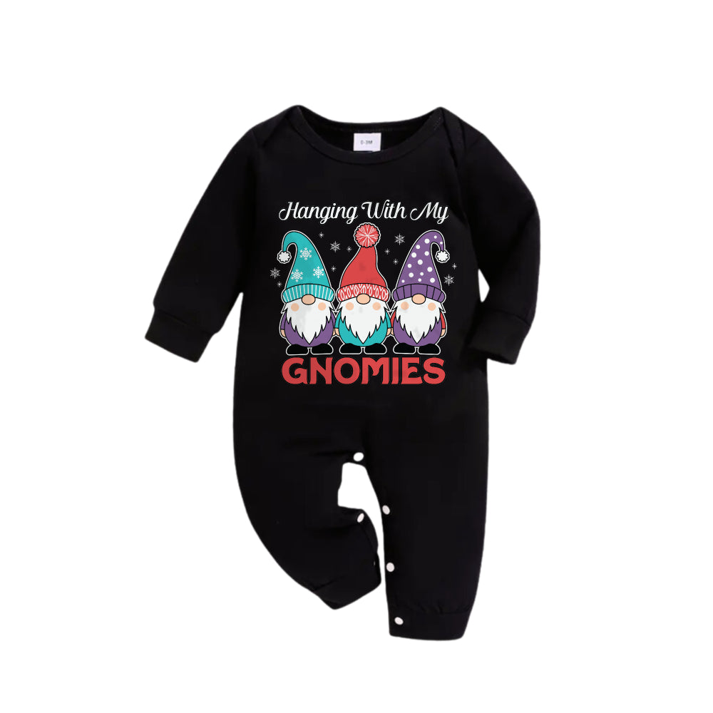 Chic und Stil | Christmas Family matching Pyjamas - Black top and green checkered pants Pjs set with Gnome family and Christmas slogan print
