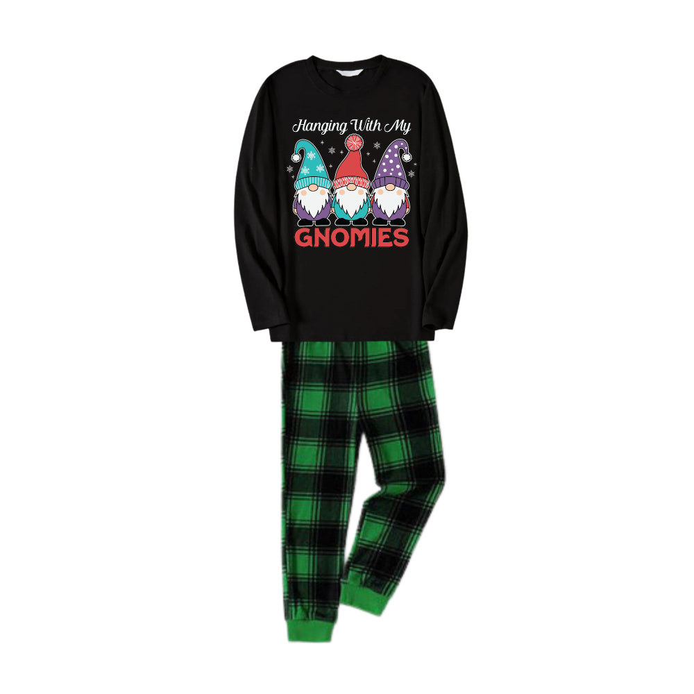 Chic und Stil | Christmas Family matching Pyjamas - Black top and green checkered pants Pjs set with Gnome family and Christmas slogan print