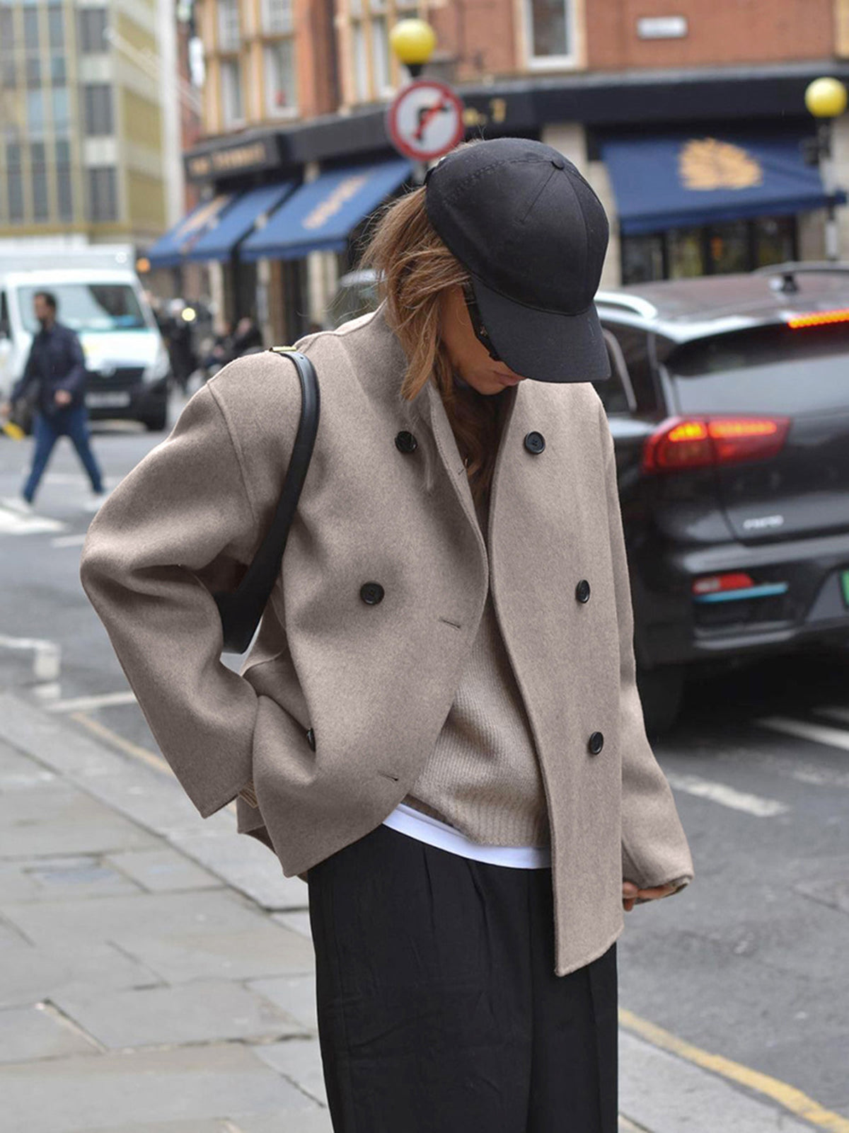 Chic und Stil | Women's Jacket - Beige Short Wool Jacket with Stand-Up Collar and Button Closure