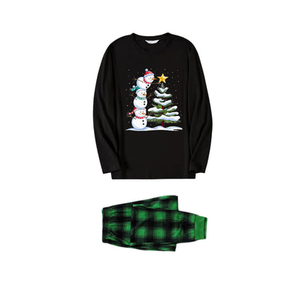 Chic und Stil | Christmas Family Pajama Set - Black Top and Green Checkered Pants with Snowman Comic Print