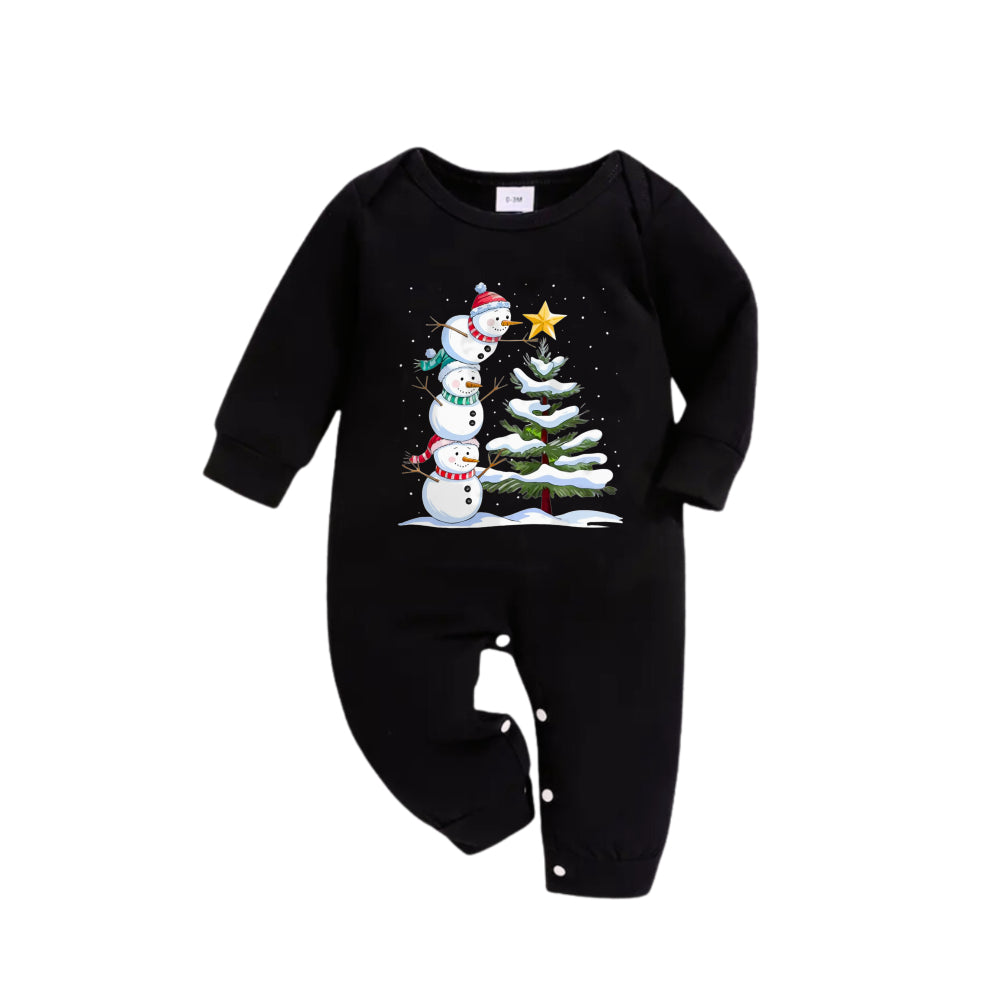 Chic und Stil | Christmas Family Pajama Set - Black Top and Green Checkered Pants with Snowman Comic Print