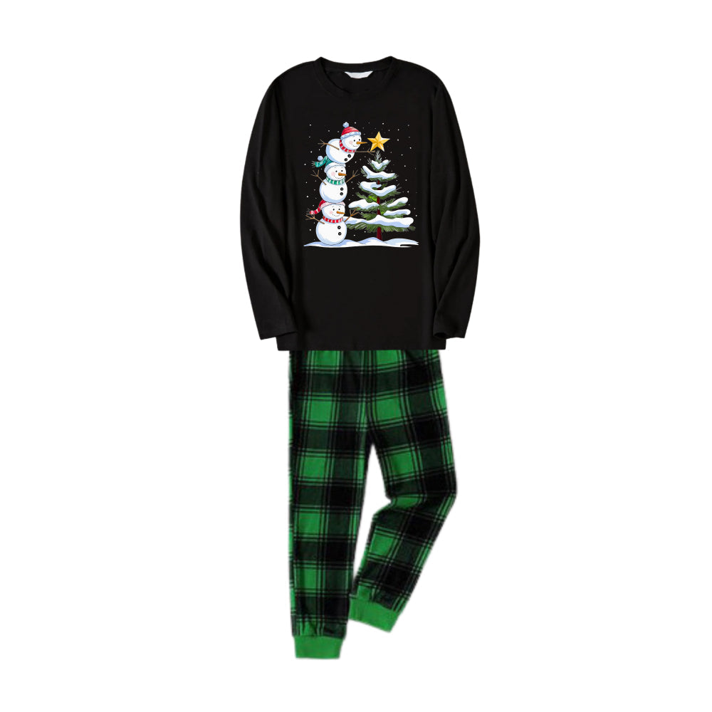 Chic und Stil | Christmas Family Pajama Set - Black Top and Green Checkered Pants with Snowman Comic Print