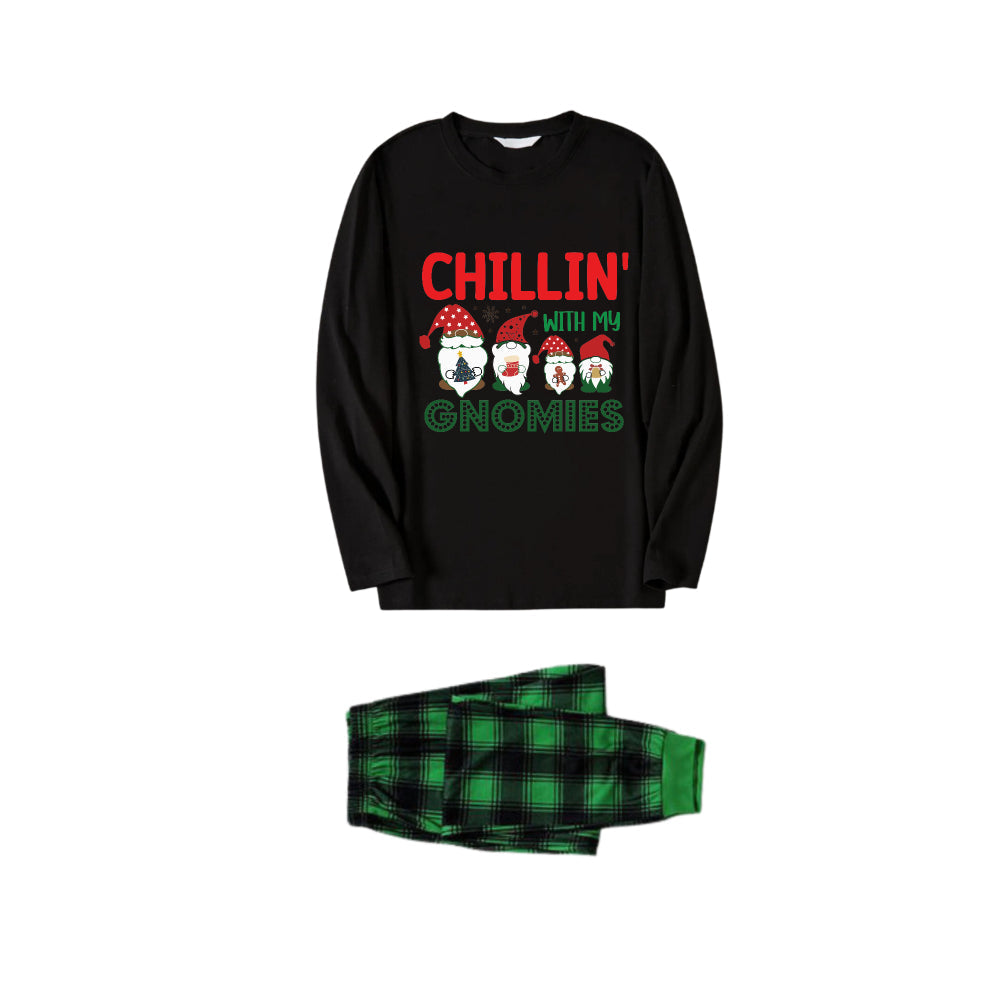 Chic und Stil | Christmas Family Matching Pajamas - Black Top and Green Checkered Pants Pjs Set with "Chillin With My Gnomies" Print