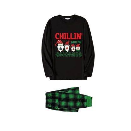 Chic und Stil | Christmas Family Matching Pajamas - Black Top and Green Checkered Pants Pjs Set with "Chillin With My Gnomies" Print