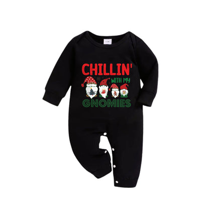 Chic und Stil | Christmas Family Matching Pajamas - Black Top and Green Checkered Pants Pjs Set with "Chillin With My Gnomies" Print