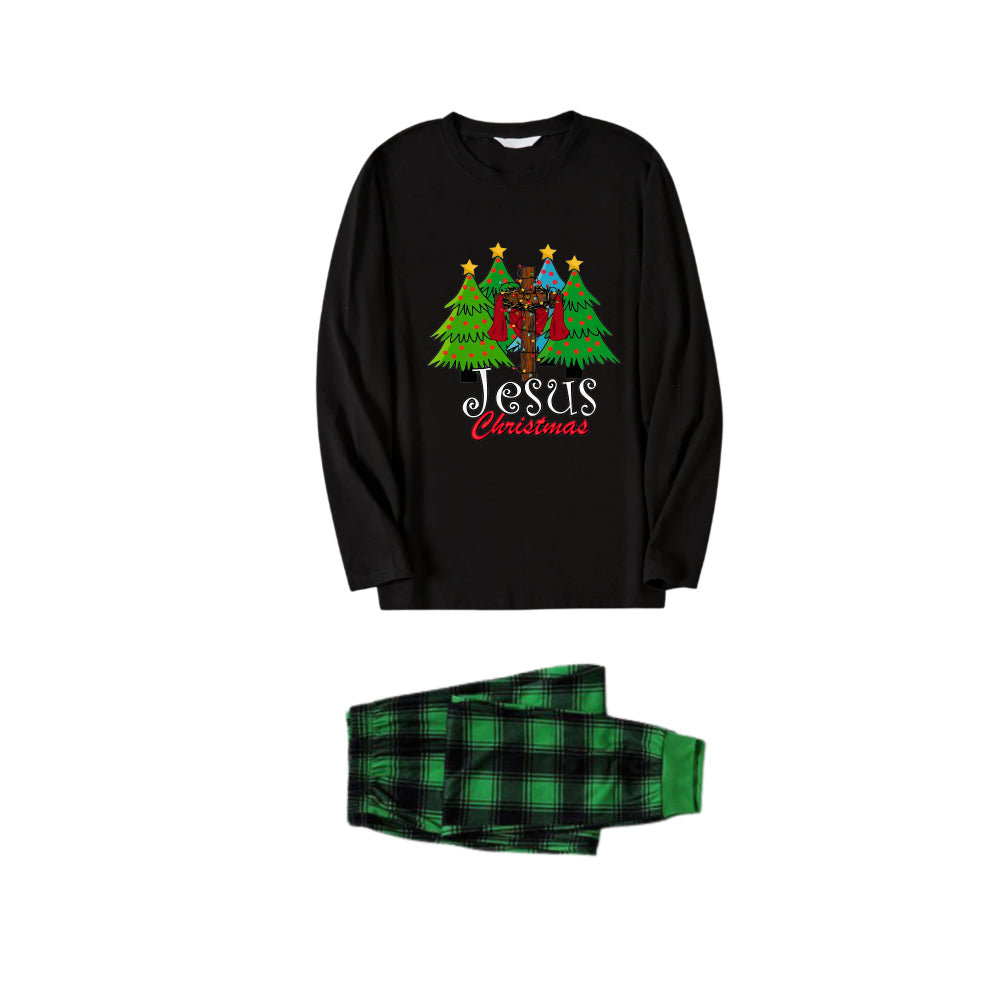 Chic und Stil | Christmas family matching pajamas - Black top and green checkered pants PJs set with "Jesus Christmas" print