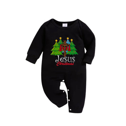 Chic und Stil | Christmas family matching pajamas - Black top and green checkered pants PJs set with "Jesus Christmas" print