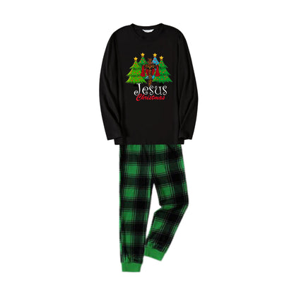 Chic und Stil | Christmas family matching pajamas - Black top and green checkered pants PJs set with "Jesus Christmas" print