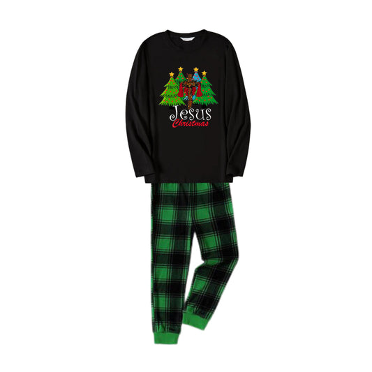 Chic und Stil | Christmas family matching pajamas - Black top and green checkered pants PJs set with "Jesus Christmas" print