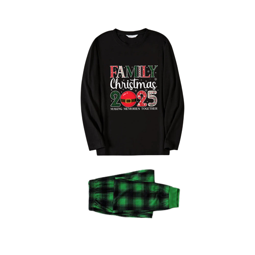 Chic und Stil | Christmas Family Pajamas in Matching Look - Black Top and Green Checked Pants Pjs Set with "Family Christmas 2025" Print