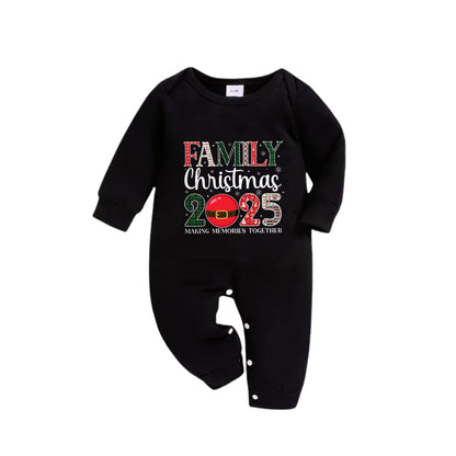 Chic und Stil | Christmas Family Pajamas in Matching Look - Black Top and Green Checked Pants Pjs Set with "Family Christmas 2025" Print