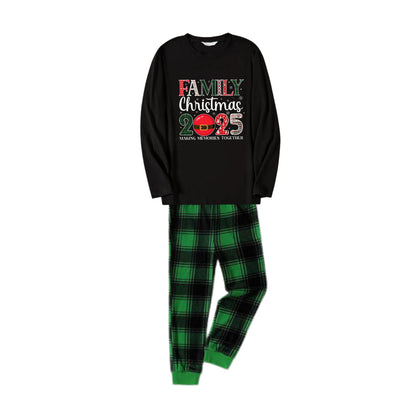 Chic und Stil | Christmas Family Pajamas in Matching Look - Black Top and Green Checked Pants Pjs Set with "Family Christmas 2025" Print