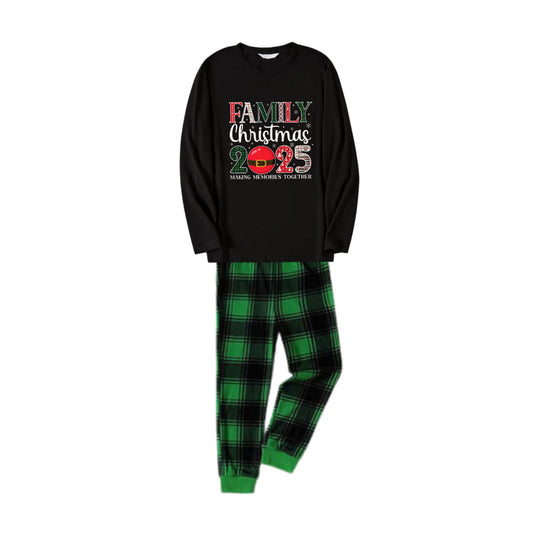 Chic und Stil | Christmas Family Pajamas in Matching Look - Black Top and Green Checked Pants Pjs Set with "Family Christmas 2025" Print