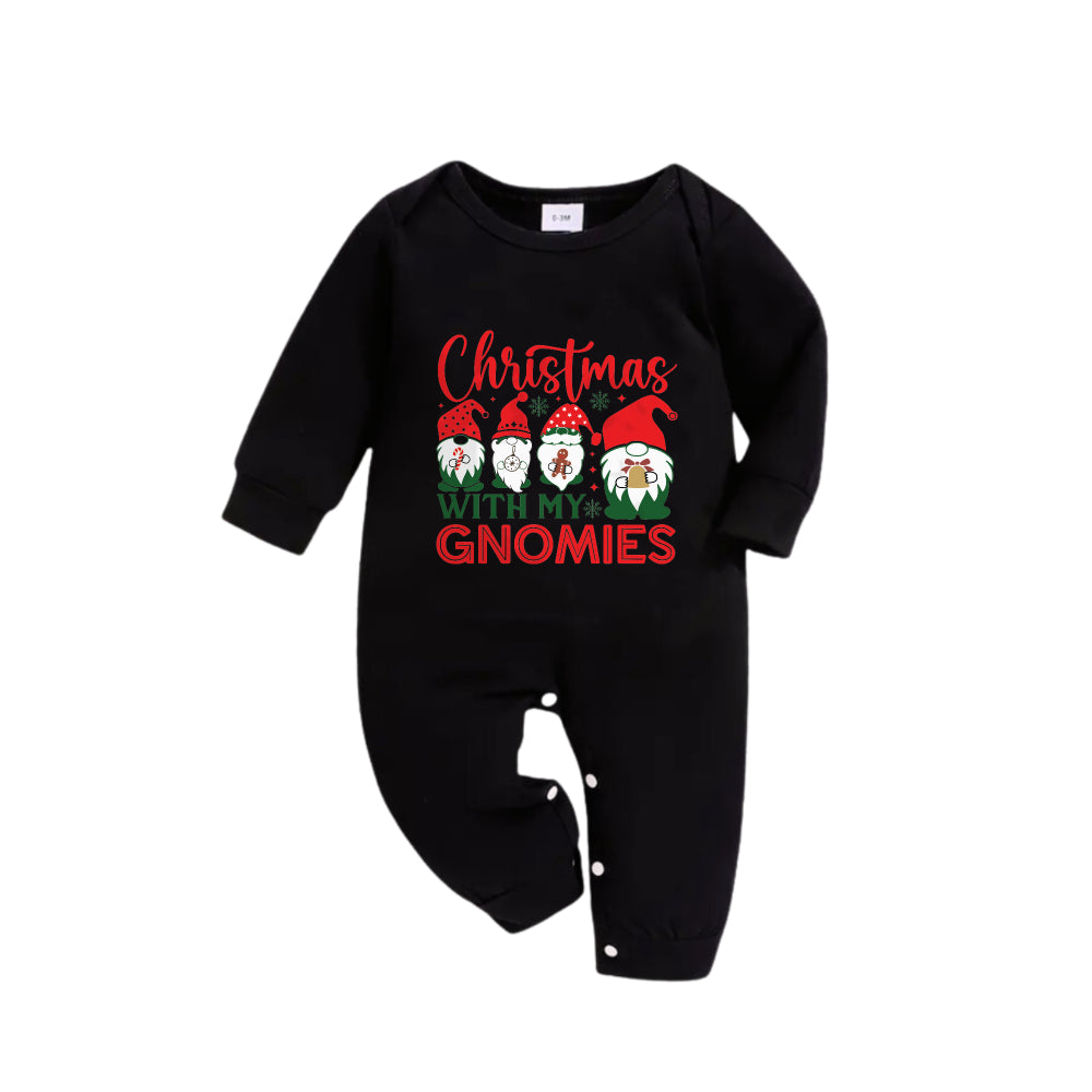 Chic und Stil | Christmas family matching pajamas - Black top and green checkered pants Pjs set with Gnome family and "Christmas with my Gnomies" print