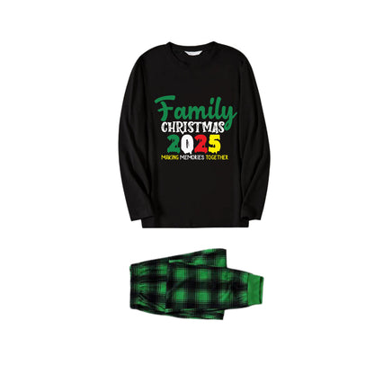 Chic und Stil | Christmas family matching pajamas - Black top and green plaid pants Pjs set with "Family Christmas 2025" slogan print