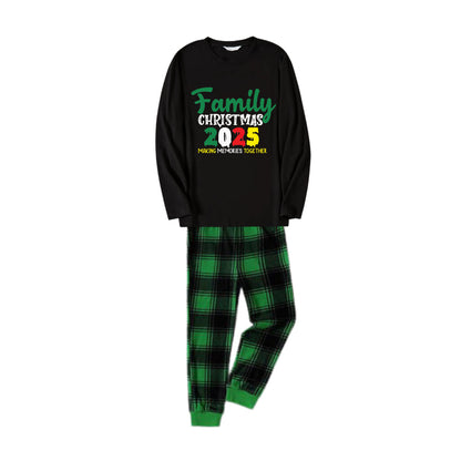 Chic und Stil | Christmas family matching pajamas - Black top and green plaid pants Pjs set with "Family Christmas 2025" slogan print