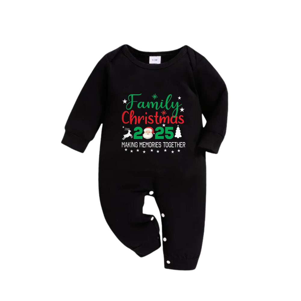 Chic und Stil | Christmas Family Matching Pajamas - Black Top and Green Checkered Pants PJs Set with "Family Christmas 2025" and Santa Pattern Print