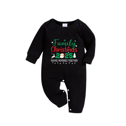 Chic und Stil | Christmas Family Matching Pajamas - Black Top and Green Checkered Pants PJs Set with "Family Christmas 2025" and Santa Pattern Print