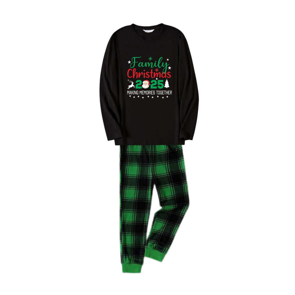 Chic und Stil | Christmas Family Matching Pajamas - Black Top and Green Checkered Pants PJs Set with "Family Christmas 2025" and Santa Pattern Print