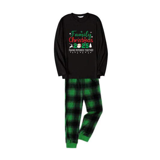 Chic und Stil | Christmas Family Matching Pajamas - Black Top and Green Checkered Pants PJs Set with "Family Christmas 2025" and Santa Pattern Print