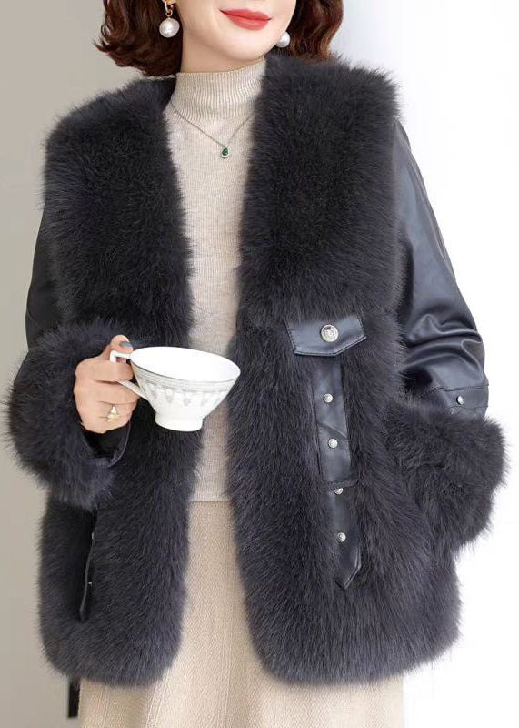 Chic und Stil | Patchwork Bags Vison Velvet Coats V-Neck Winter