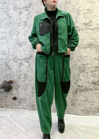Chic und Stil | Green corduroy jacket and pants with high collar and zipper, warm fleece two-piece set, winter