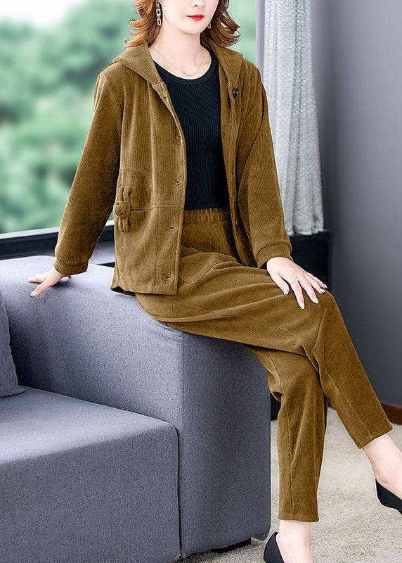 Chic und Stil | Yellow Hoodie Corduroy Pockets Coats and Pants Two Piece Set Long Sleeves