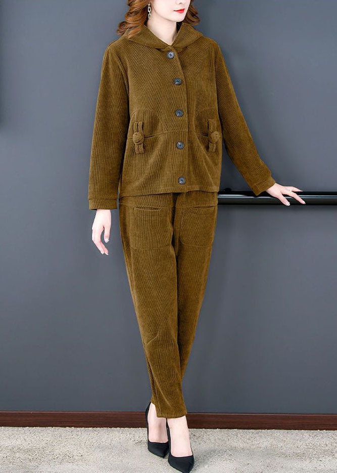 Chic und Stil | Yellow Hoodie Corduroy Pockets Coats and Pants Two Piece Set Long Sleeves
