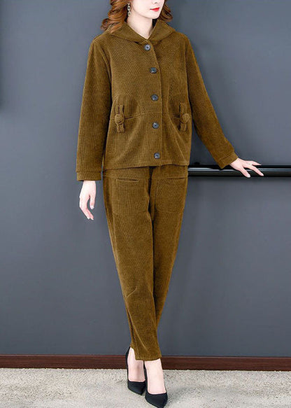 Chic und Stil | Yellow Hoodie Corduroy Pockets Coats and Pants Two Piece Set Long Sleeves