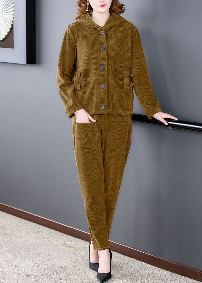 Chic und Stil | Yellow Hoodie Corduroy Pockets Coats and Pants Two Piece Set Long Sleeves