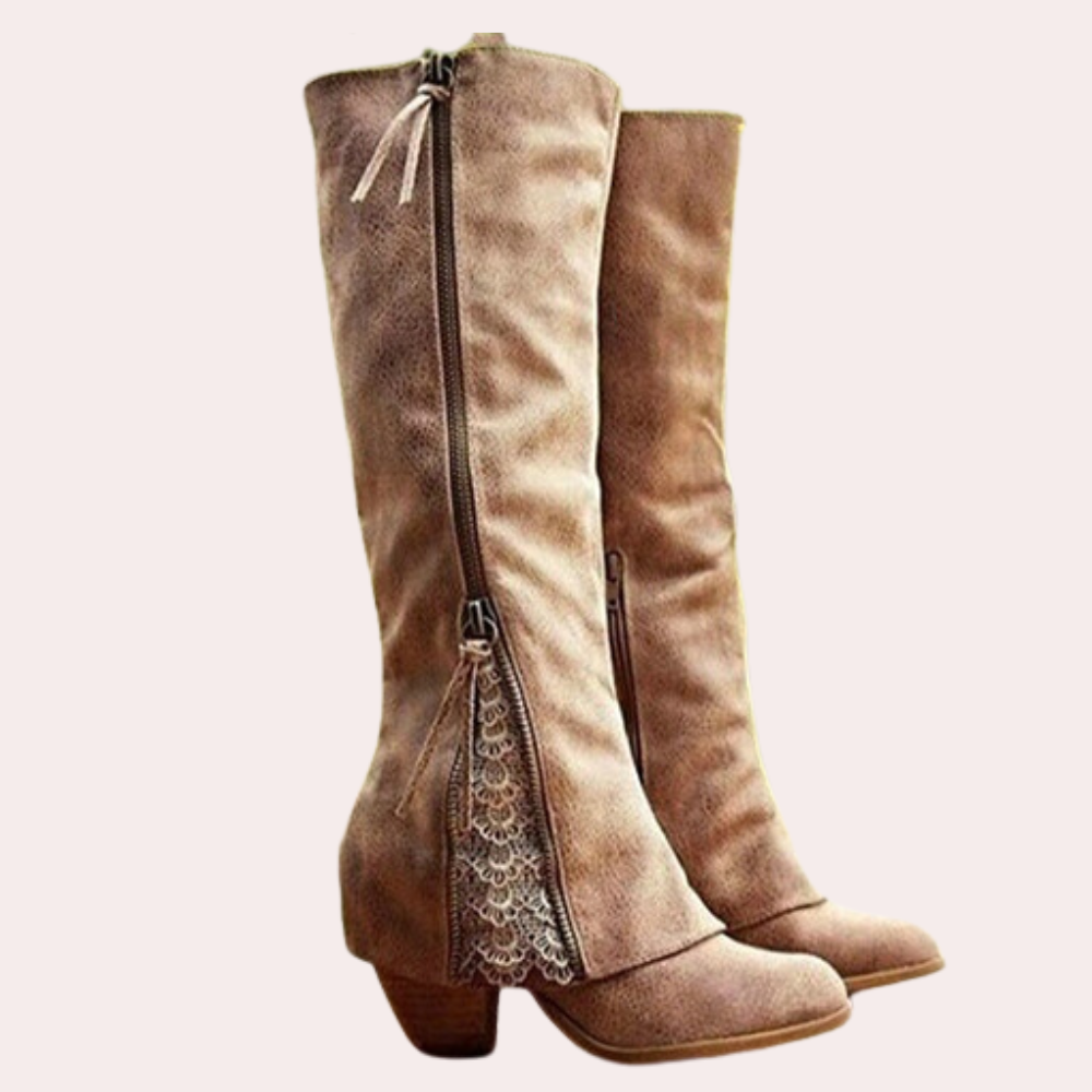 Chic und Stil | Knee-length boots - Faux suede - Block heel - Round toe - Zipper & Lace-up details