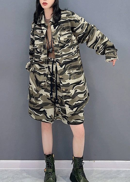 Chic und Stil | Camouflage Peter Pan Collar Zipper Coats Printed And Shorts Two Piece Set