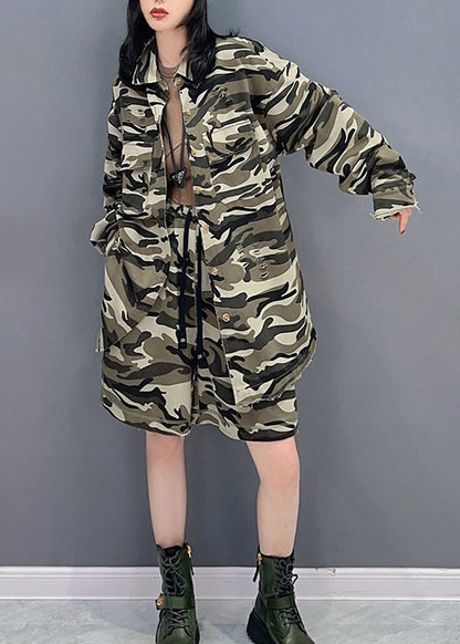 Chic und Stil | Camouflage Peter Pan Collar Zipper Coats Printed And Shorts Two Piece Set