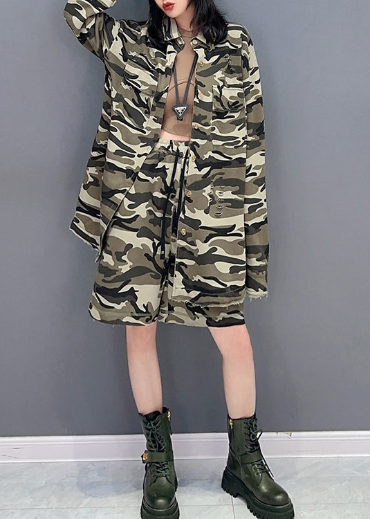 Chic und Stil | Camouflage Peter Pan Collar Zipper Coats Printed And Shorts Two Piece Set