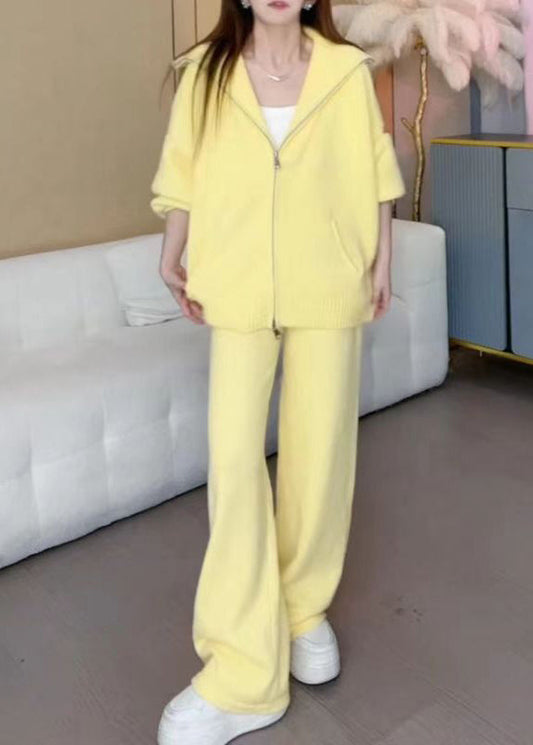 Chic und Stil | Yellow zipper cotton knit jackets and wide leg pants two piece set winter