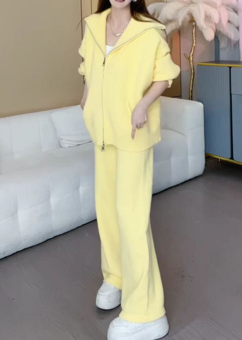 Chic und Stil | Yellow zipper cotton knit jackets and wide leg pants two piece set winter
