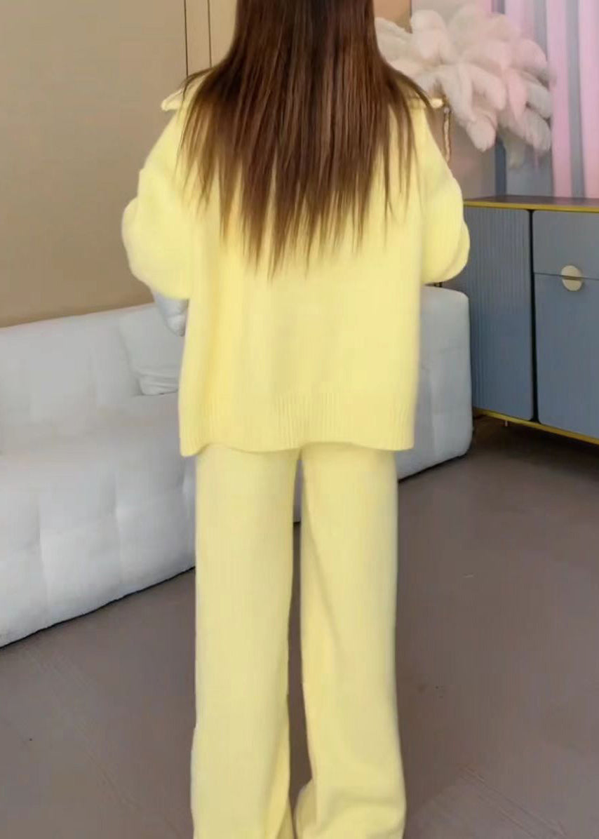 Chic und Stil | Yellow zipper cotton knit jackets and wide leg pants two piece set winter