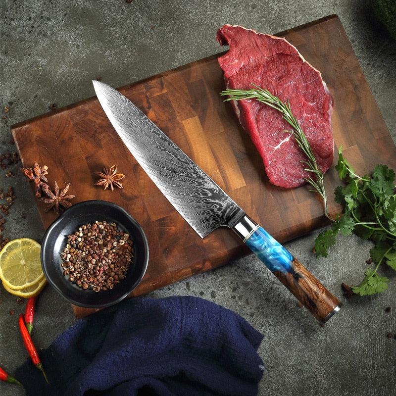 Couteau Chef Damas 20cm Résine Bleue - ChicUndStil