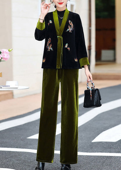 Chic und Stil | Green embroidered silk velvet coats with V neck and two-piece suit pants
