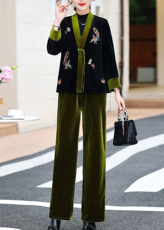 Chic und Stil | Green embroidered silk velvet coats with V neck and two-piece suit pants