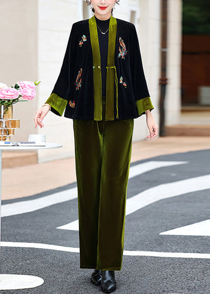 Chic und Stil | Green embroidered silk velvet coats with V neck and two-piece suit pants