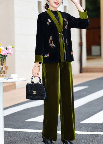 Chic und Stil | Green embroidered silk velvet coats with V neck and two-piece suit pants