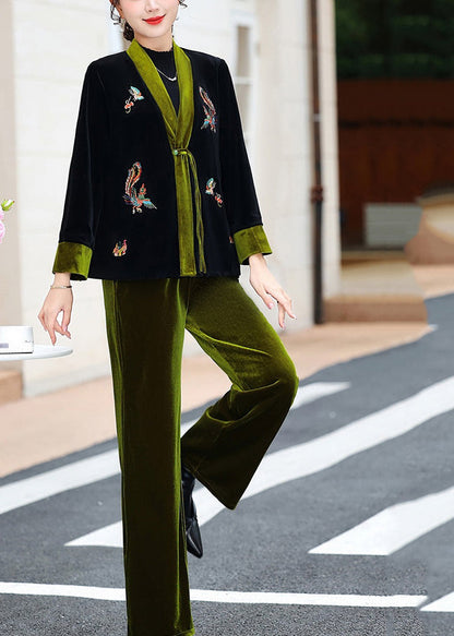 Chic und Stil | Green embroidered silk velvet coats with V neck and two-piece suit pants